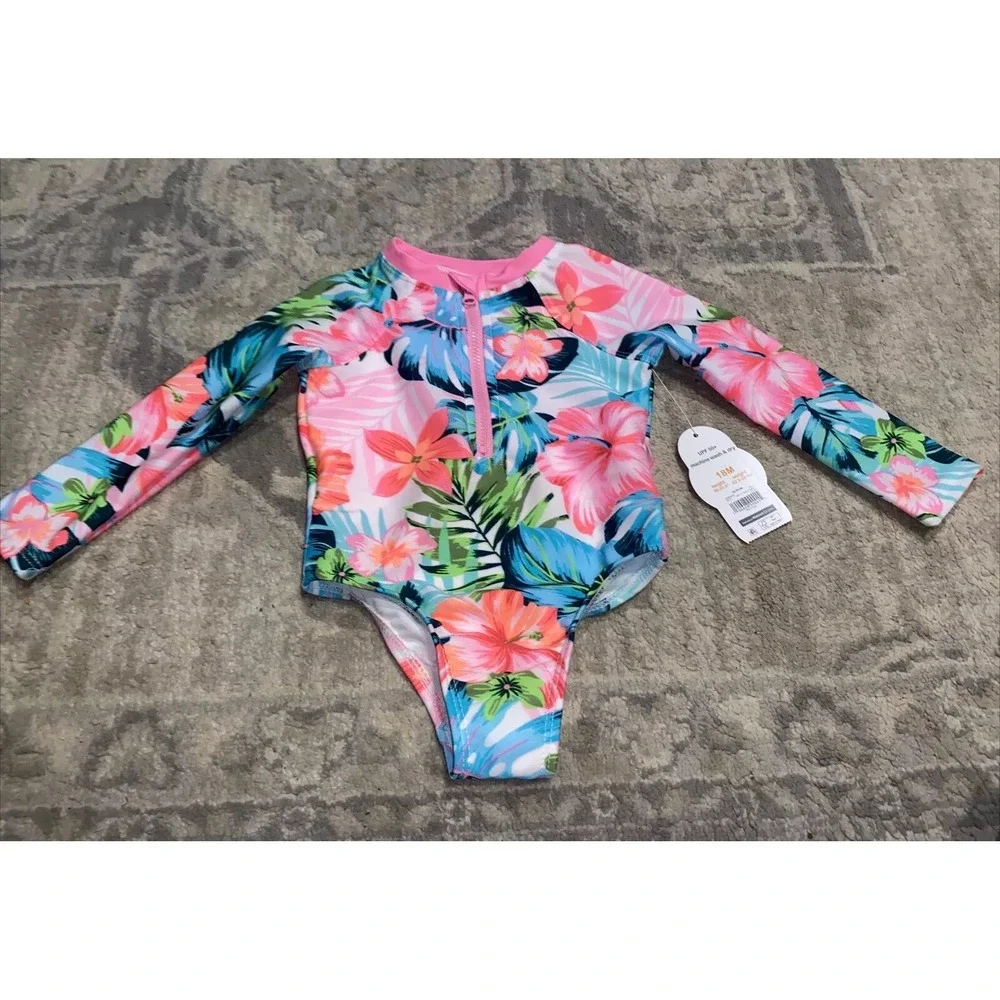 New Wonder Nation SwimSuit Girls Pink Long Sleeve Baby 18 month rash guard UPF50